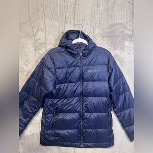 EDDIE BAUER MENS WIDECHANNEL HOODED DOWNJACKET-Medium-Blue Hooded Puffer Jacket